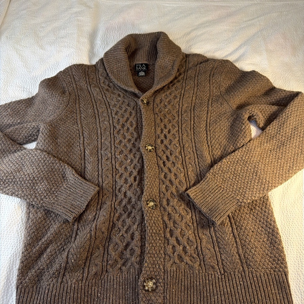 Men's Jos A Banks Wool Shawl Cardigan Sweater Brown Fisherman Grandpa Size M